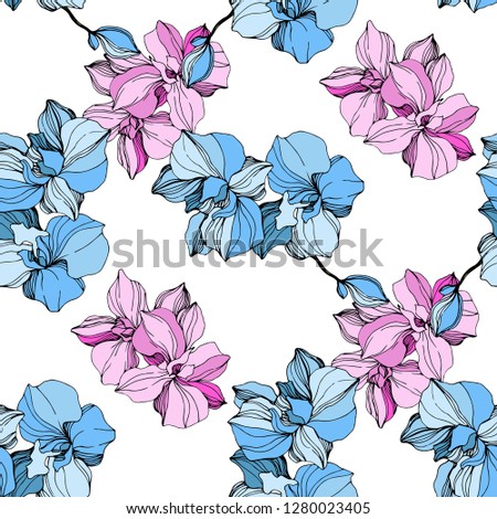 Vector Pink and blue orchid. Floral botanical flower. Wild spring leaf wildflower isolated. Engraved ink art. Seamless background pattern. Fabric wallpaper print texture.