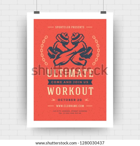 Fitness center flyer modern typographic layout, event cover design template A4 size with bodybuilder man hands holding dumbbells silhouette. Vector Illustration.
