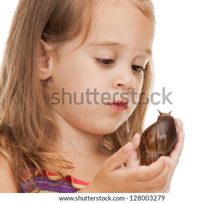 bright picture of beautiful litle girl with snail