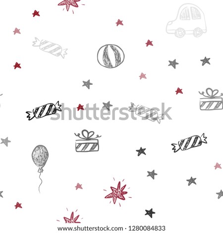 Light Red vector seamless texture in birthday style. Abstract illustration with a toy car, baloon, candy, star, ball. Pattern for birthday gifts.