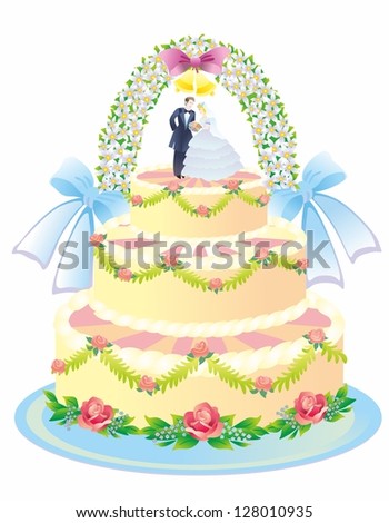 wedding cake with ribbons and roses