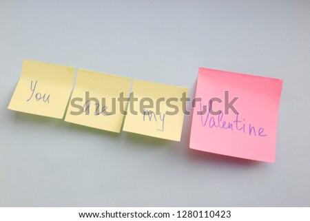 You are my valentine words on stickers on blue background, Valentines day greeting card with lettering