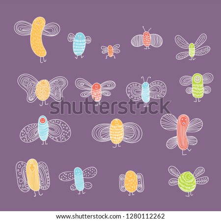 cute small bugs in vector. Funny insects in childish set. Scandinavian style bugs. Hand drawn vector pattern