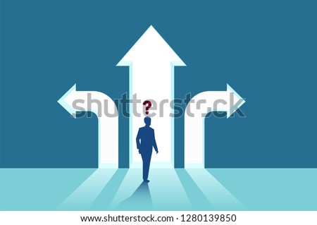 Business decisions concept. Vector of a perplexed businessman with question mark standing in front of arrows crossroads making a right choice. Career path and strategy.  Royalty-Free Stock Photo #1280139850