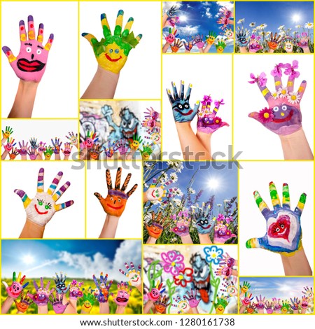 Collage with pictures as symbol for summer holidays, happiness and family concept. Many colorful painted children hands with smiling faces and flowers on different backgrounds
