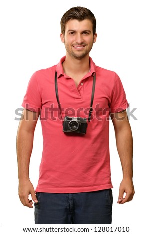 Portrait of a man wearing camera on white background
