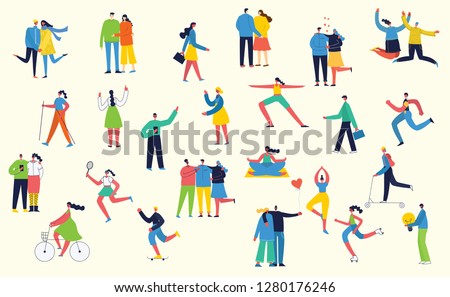 Vector illustration in a flat style of different activities people jumping, dancing, walking, couple in love, doing sport in flat style 