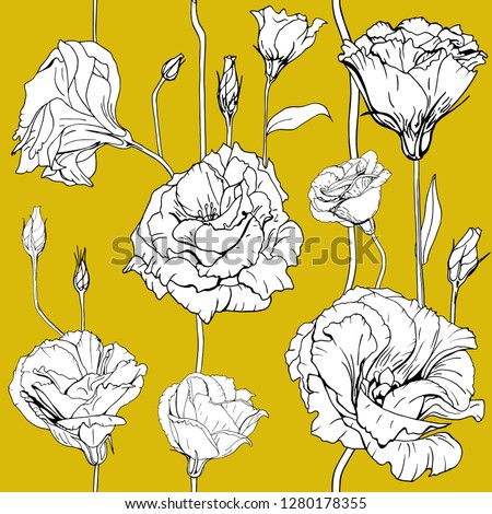 Seamless floral decorative pattern with white flowers and buds on a yellow background. Eustoma, Lisiantus, Prairie tulip gentian. Endless spring texture for your design, fabrics, decor, print.