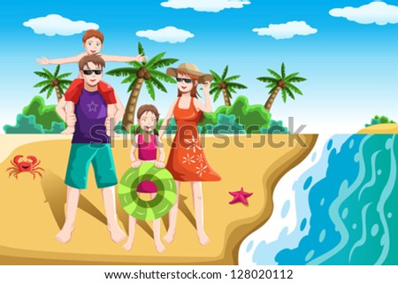 A vector illustration of a happy family going to the beach for vacation
