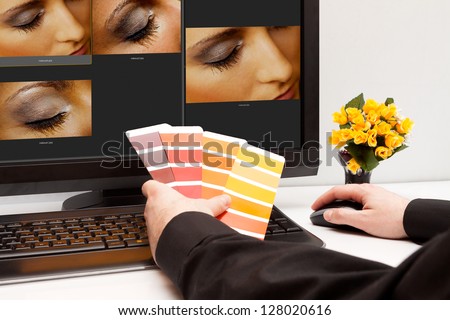 Graphic designer at work. Color samples. Photo picture woman eye and skin