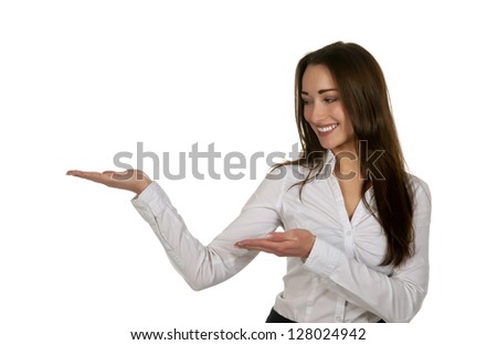  beautiful businesswoman presenting with two hands