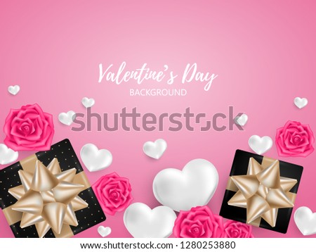Valentine's day background with realistic black gift box with gold ribbons, pink rose flowers and many white hearts. Valentines day concept for background, advertising and promotion.