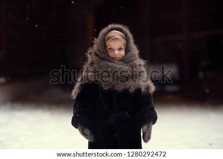 portrait of a small girl, retro russian clothes, russian winter, noise effects