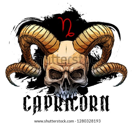 Detailed graphic realistic horrible colorful black and white human skull with big sharp deamon horns or antlers. Isolated on white background. Vector capricorn icon.
