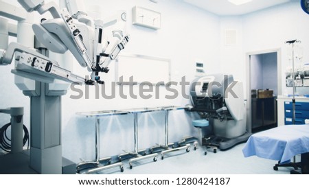Minimal invasive robot surgical system in hospital. Robotic technology equipment, machine arm surgeon in futuristic operation room. Medical inovation 3D view endoscopy for robot surgery in healthcare Royalty-Free Stock Photo #1280424187