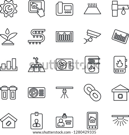 Thin Line Icon Set - identity card vector, drip irrigation, sorting, barcode, chain, root setup, air conditioner, smart home, water heater, intercome, control app, filter, warm floor, surveillance