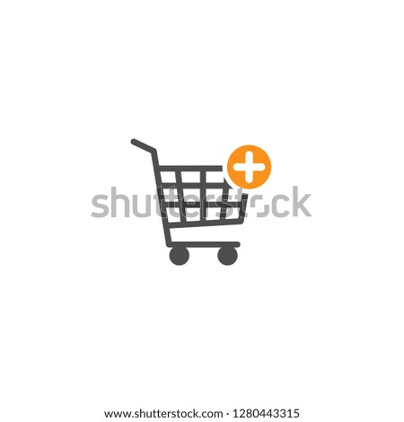 Shopping cart with orange plus cross sign. Add or plus purchase simple icon isolated on white background. Store trolley with wheels. Flat vector Illustration. Good for web and mobile design.
