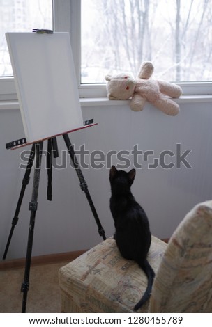 The black cat sits on a chair in front of the easel with a blank canvas and looks at a teddy bear. Winter outside the window.