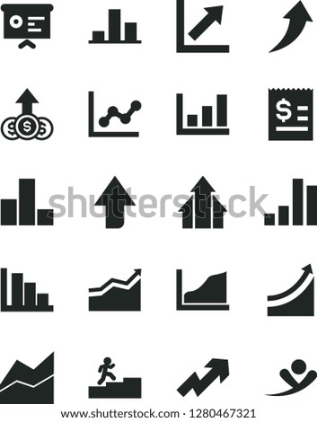 Solid Black Vector Icon Set - upward direction vector, growth up, bar chart, line, graph, positive histogram, article on the dollar, financial report, carrer stairway, arrow, arrows, flying man