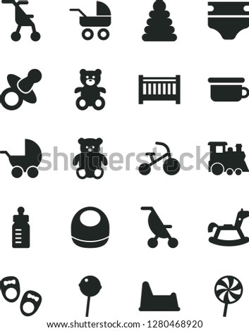 Solid Black Vector Icon Set - baby cot vector, dummy, feeding bottle, diaper, bib, stroller, carriage, summer, sitting, stacking rings, children's potty, chair, teddy bear, small, train, tricycle