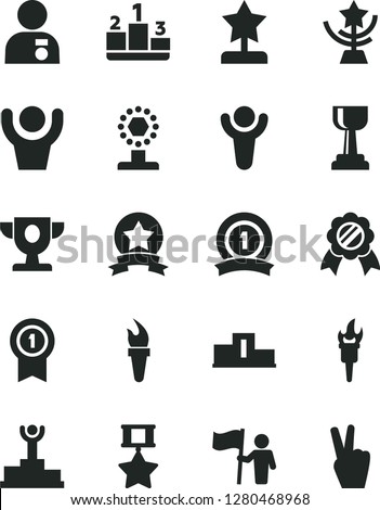 Solid Black Vector Icon Set - pedestal vector, flame torch, winner, podium, prize, cup, gold, star, reward, man with medal, hold flag, pennant, ribbon, hero, hands up, victory hand