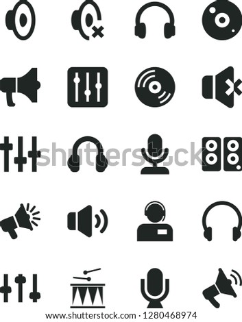 Solid Black Vector Icon Set - loudspeaker vector, silent mode, drumroll, headphones, microphone, CD, regulator, volume, no sound, operator, megaphone, pc speaker, settings