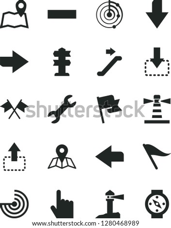 Solid Black Vector Icon Set - downward direction vector, right, left, wind indicator, minus, index finger, map, flag, move up, down, lighthouse, coastal, repair, radar, cross flags, escalator