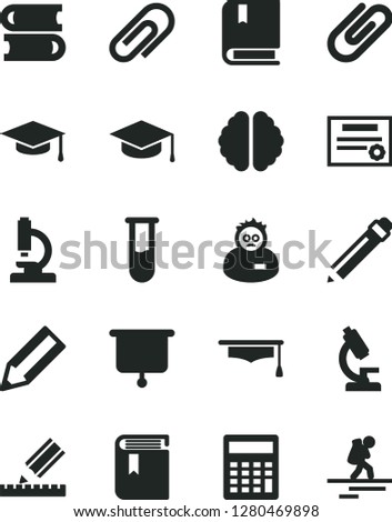 Solid Black Vector Icon Set - clip vector, graphite pencil, calculator, book, e, books, drawing, square academic hat, test tube, microscope, brain, scientist, graduate, presentation board, patente