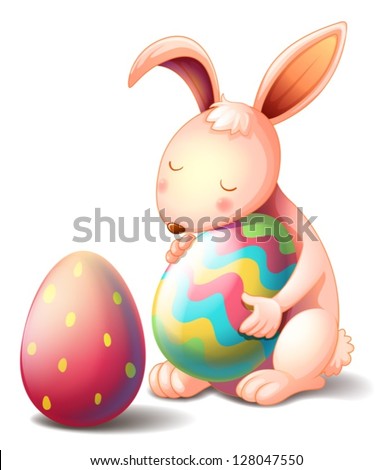 Illustration of a rabbit hugging a colorful easter egg on a white background