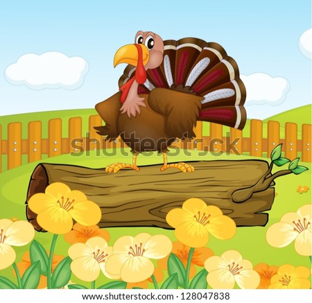 Illustration of a turkey above a trunk inside the fence