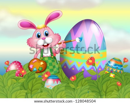 Illustration of a bunny painting the egg in the garden