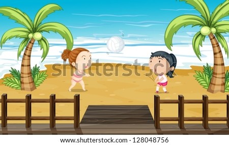 Illustration of two girls playing volleyball
