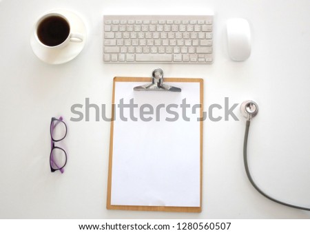 Top view and flat lay,copy space doctors office desk. Medical accessories on a white background