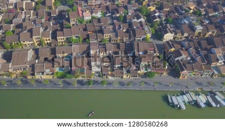 Aerial view of Hoi An old town or Hoian ancient town. Royalty high-quality free stock photo image top view of Hoai river and boat traffic Hoi An. Hoi An is one of the most popular travel in asia