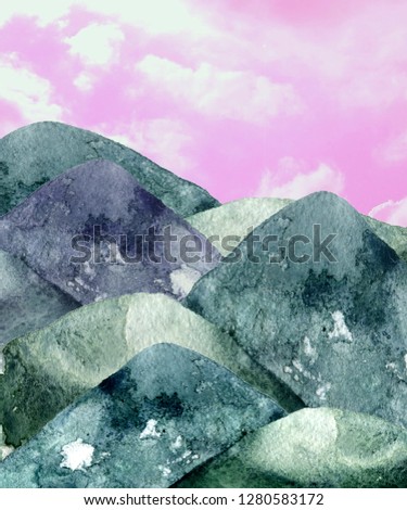 Mountains watercolor splashes texture green drawing illustration geometric clip art illustration geometric clip art pink clouds background