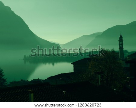 light feldgrau Lake Como and in the background two mountains cross, wallpaper, background