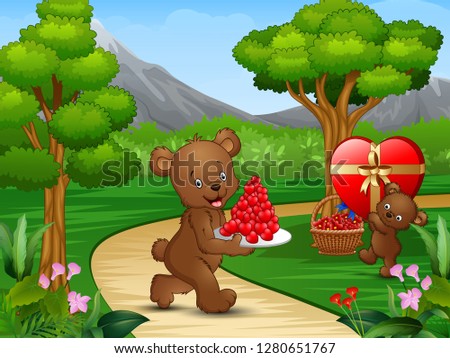 Happy bears celebrating a valentine day in the garden