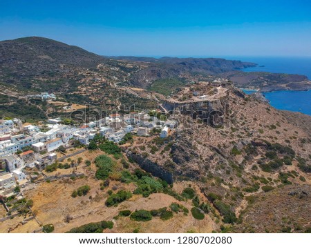 Aerial panoramic view over Chora, Kythera and the Castle. Amazing scenery over Kythera island in Greece, Mediterranean sea, Europe 