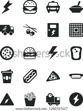 Solid Black Vector Icon Set - lightning vector, dangers, car, delivery, pizza, piece of, Hot Dog, mini, big burger, a bowl buckwheat porridge, French fries, Chinese chopsticks, coffe to go, sandwich