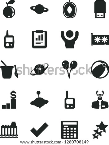 Solid Black Vector Icon Set - check mark vector, baby bath ball, toy phone, mobile, children's sand set, yule, colored air balloons, planet, blueberry, delicious plum, hydroelectricity, gpu card