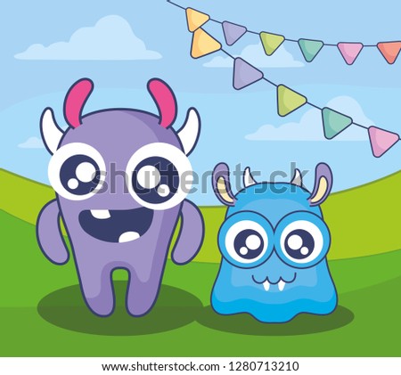 cute monsters couple in the field