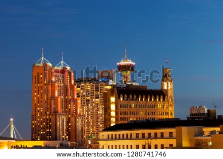 Partial skyline of San Antonio, Texas during evening time with some of the most famous buildings of the city