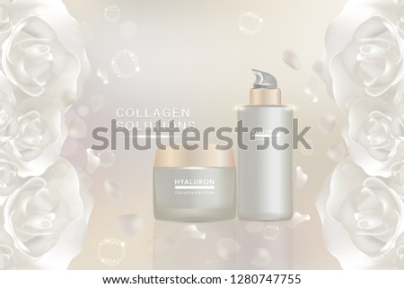 Beauty product, white cosmetic containers with advertising background ready to use, valentines concept skin care ad, illustration vector.	