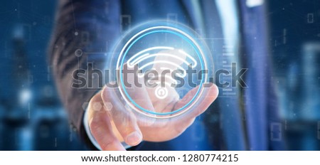 View of Businessman holding Wifi icon with stats and binary code 3d rendering