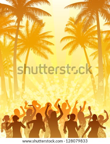 Coconut palm trees and people dancing with the sun.