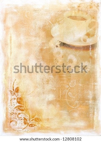 Abstract painted food background with cup of coffee and daisy flower. Art (and used content )is created  and painted by photographer. Original artwork,no filter used!