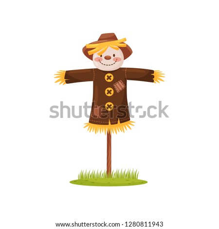 Funny scarecrow of straw with smiling face, dressed in brown shirt and hat. Human figure. Cartoon vector design