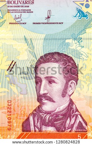 Jose Felix Ribas. Portrait from Venezuelan 5 Bolivares 2018 Banknotes. An Old paper banknote, vintage retro. Famous ancient Banknotes. Collection.
