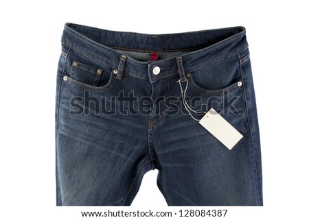 blue jeans with tag isolated on white background