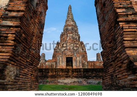Pagoda brick with blue sky background in the Wat Chaiwatthanaram is a Buddhist temple in the city of Ayutthaya Is a tourist attraction in Thailand and World Heritage City.